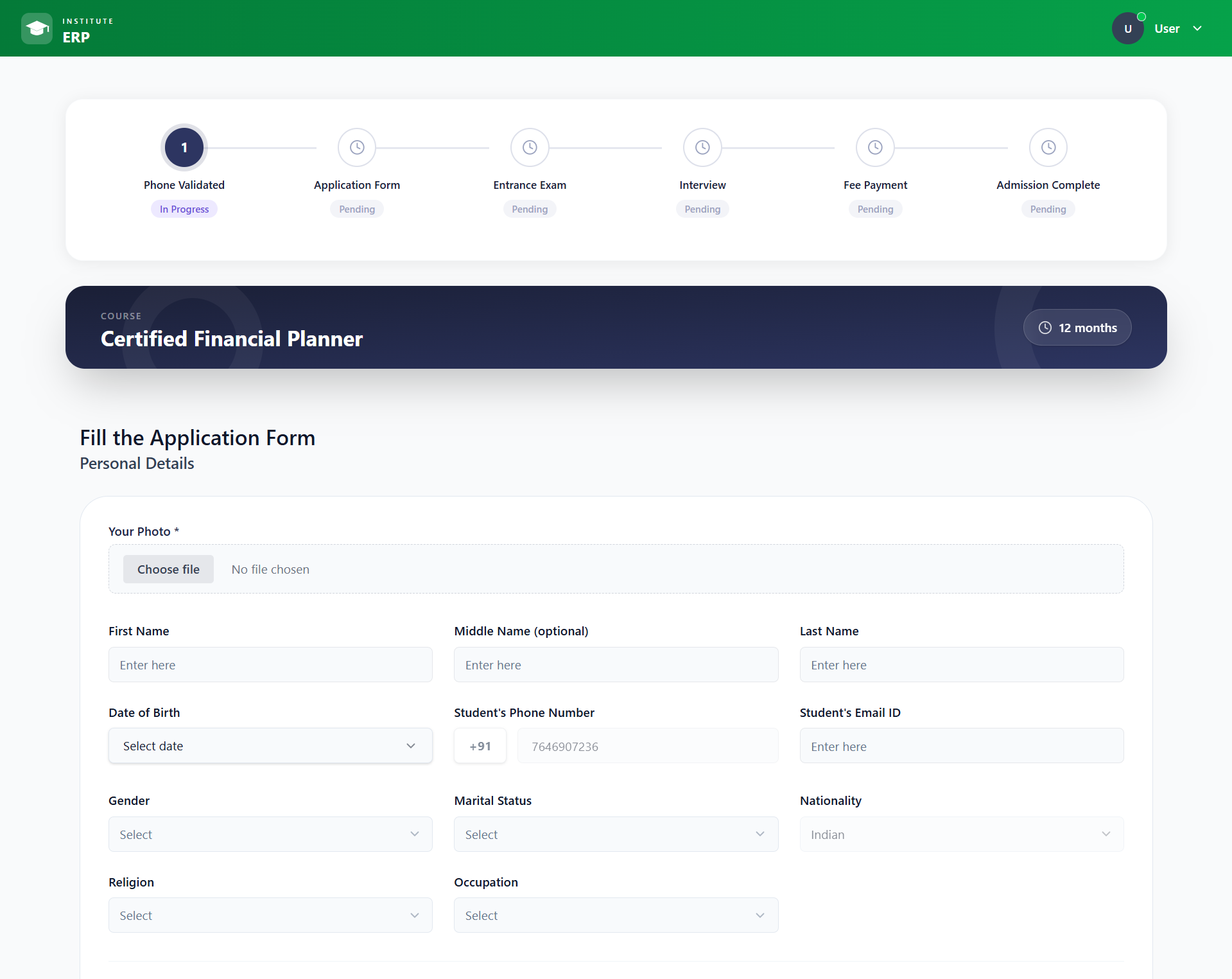 Structured application form with document upload